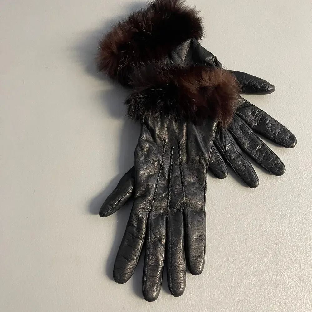 Vintage 60's Women's Leather Fur Gloves Size Medium